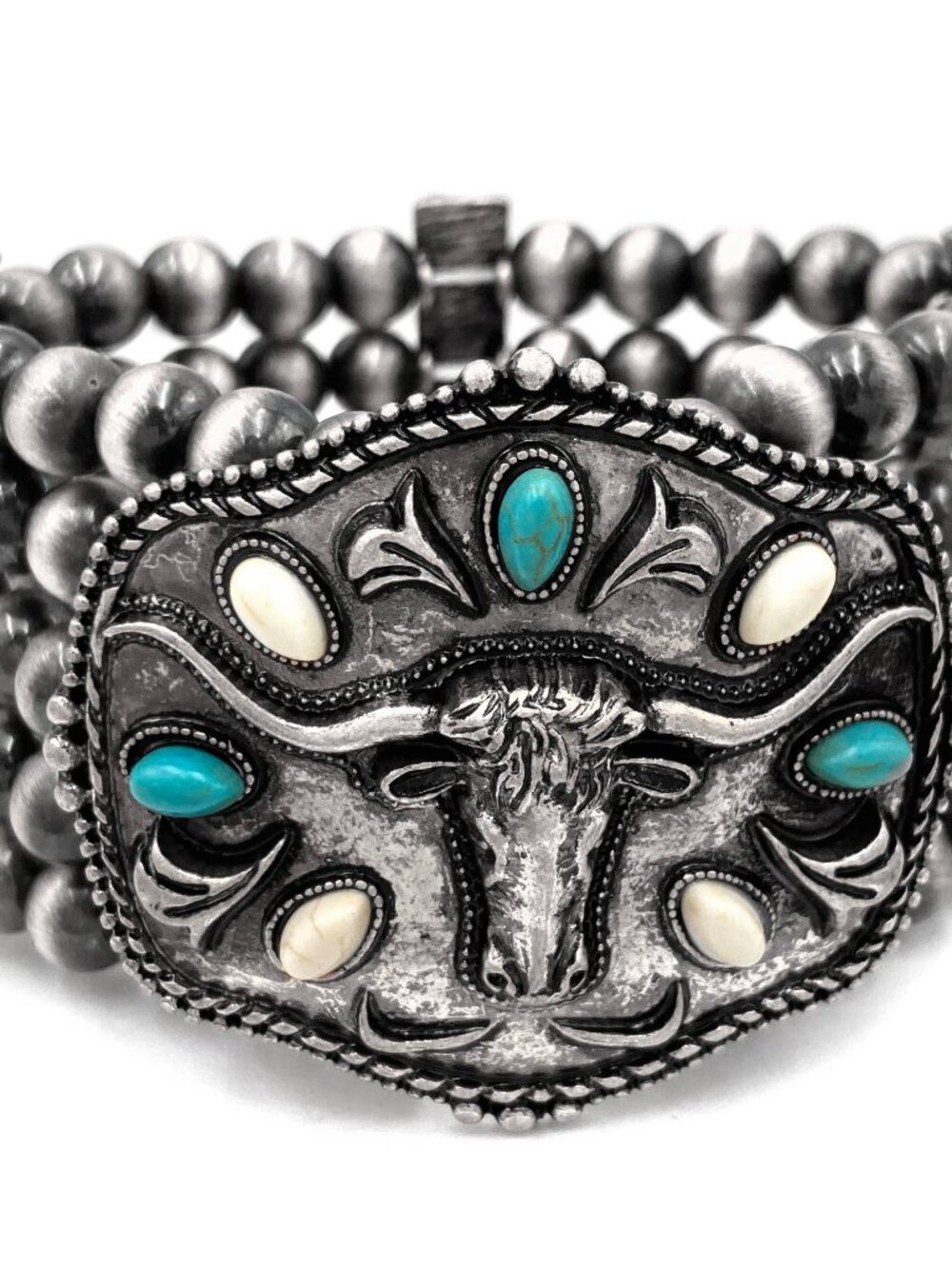 NWT Longhorn Western Trophy Buckle Turquoise White Bead Stretch Bracelet Silver